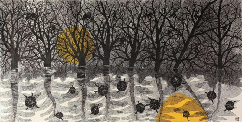 Ormanda Dans / Dance in the Forest, 2013 El yapımı kağıt üzerine mürekkep / Ink on handmade paper 61 × 118 1/10 in